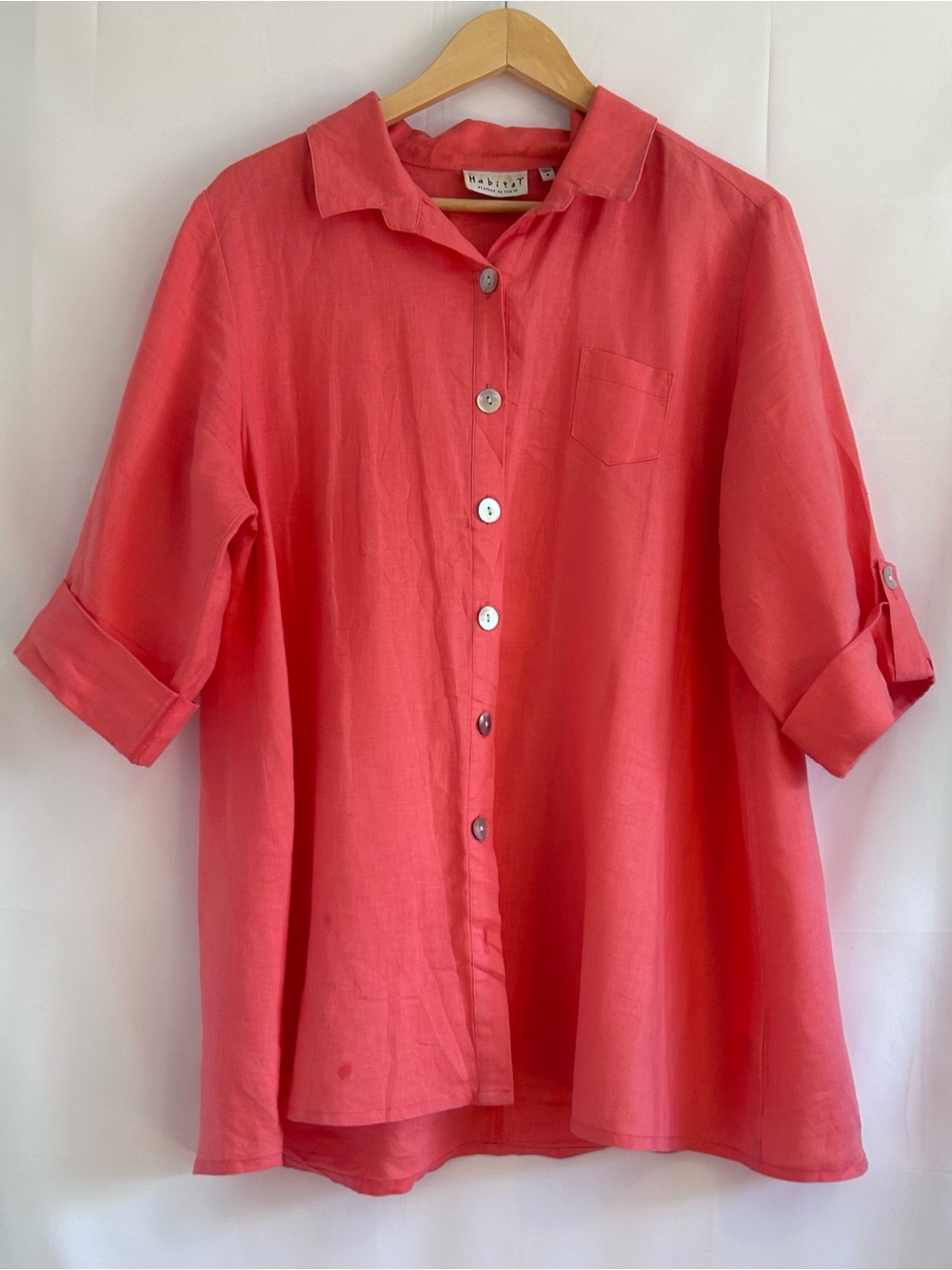 Habitat 100% Linen Button Down Tunic Shirt Lagenlook Coral Pink Medium